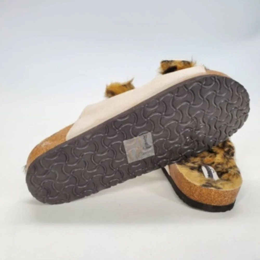 Vintage 93 Shoes Womens Cozi Slides Sandals Beige Leopard Faux Fur 9‎ M